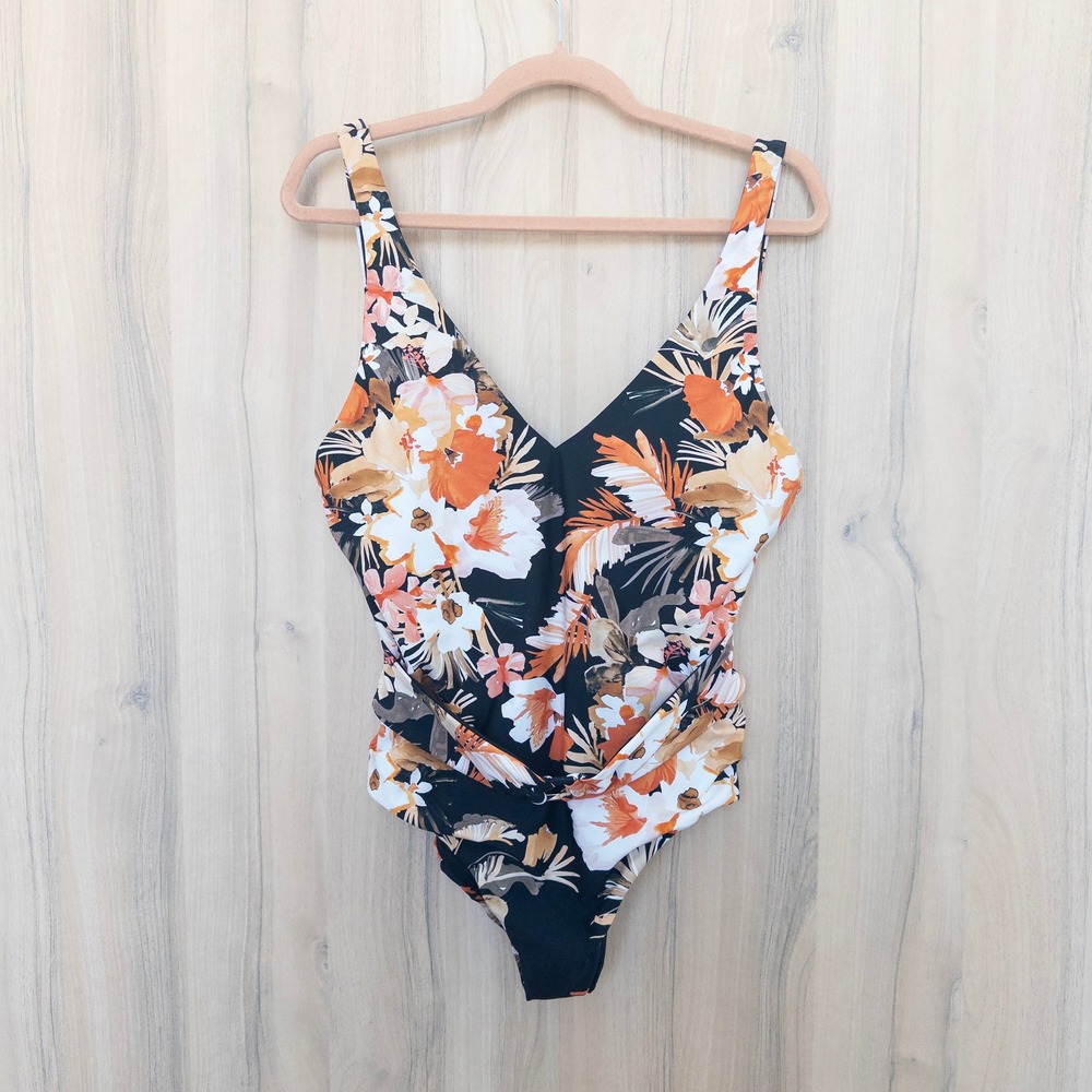 Seafolly Womens Floral‎ One Piece Swimsuit 16 Black Tropical Belted Resort Boho